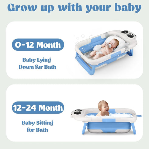 0-24 Foldable Baby Bathtub, Lightweight Bathtub for Infants to Toddlers with Soft Cushion & Thermometer, Portable Baby