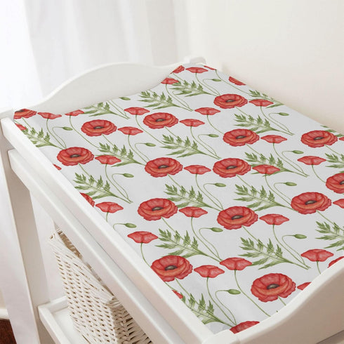 Boho Retro Poppy Flowers Changing Pad Covers, 32''x16'' Red Poppy Floral for Boy Girl, Soft Breathable Sheets
