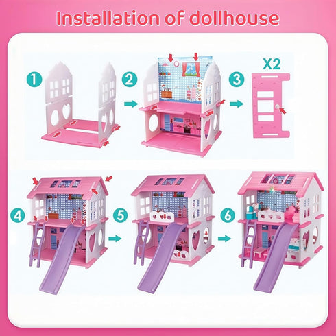 SwankyStyle Playset, 1 Dolls,3 Sets Doll House,with Living Room Bedroom Bathroom Kitchen Furniture Double-Sided