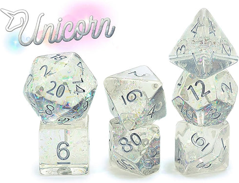 Gate Keeper Games and Dice: Holographic Dice - Unicorn 7pc Set, Transparent Holographic Glitter Swirl