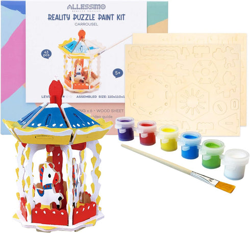 3D Paint Creat Puzzle (Carousel - 43pcs), Model Paint Kit with Brush for Kids Educational Crafts Building DIY