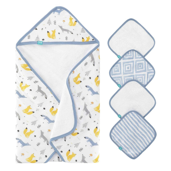 Featherhead 5-Piece 100% Cotton Muslin Hooded Bath Towel & Washcloths Set for
