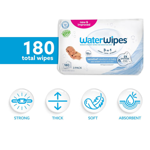 3-In-1 99.9% 180 Count (3 Packs) WaterWipes Sensitive+ Newborn & Baby Wipes, Cleans, Cares, Protects, Water, Unscented