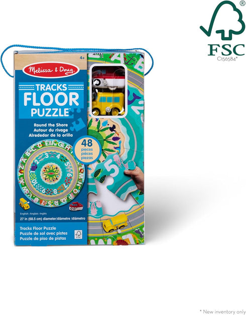Melissa & Doug Round the Shore Tracks Cardboard Jigsaw Floor Puzzle - 48 Pieces with Wind-Up Vehicles for Boys and