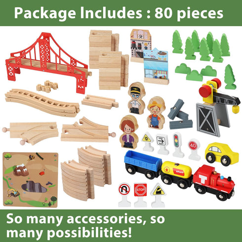 TOY Life 80pcs Wooden Train Set - Fits Thomas Brio Melisa Chugginton, Toddler Boy Toy Train Set, 3+