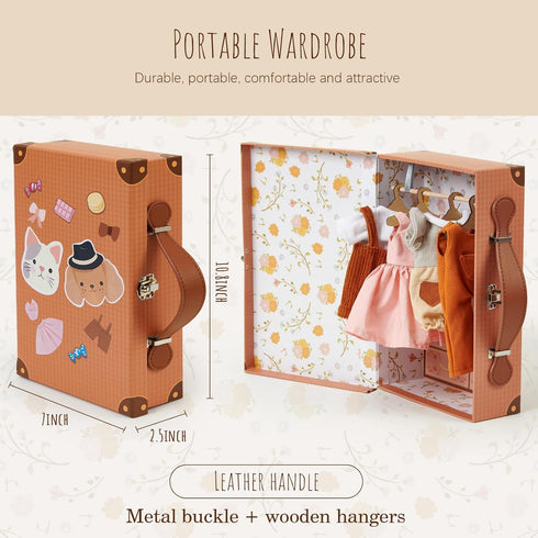 Set 3+ Golray Portable Dress Up Plush Doll with Storage Case, Cat & Dog Stuffed Animal Toys, Doll Clothes with Wooden