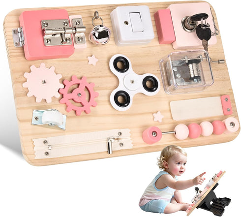 Potatomato Pink Montessori Wooden Busy Board Sensory Toy for Toddlers Educational Activity