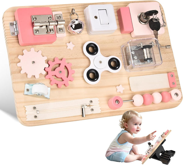 Potatomato Pink Montessori Wooden Busy Board Sensory Toy for Toddlers Educational Activity