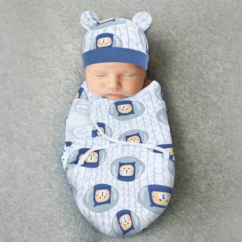 2 Pack Cinaci Adjustable Soft Cotton Blend Newborn Baby Receiving Swaddle Blankets Sleep Sacks with Nursery Hats Caps