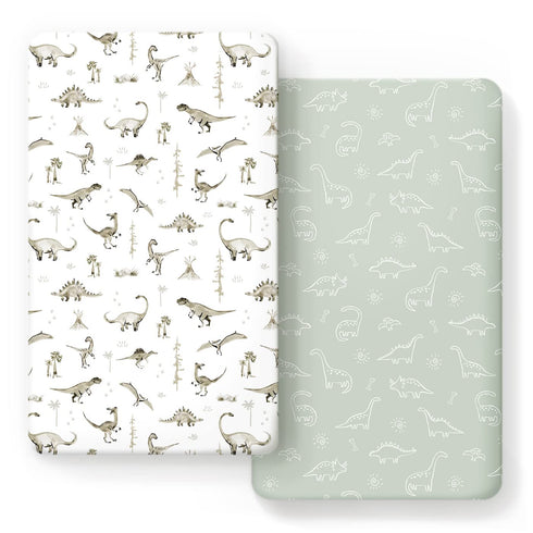 GRSSDER Stretch Ultra Soft Jersey Knit Fitted Crib Sheets Set 2 Pack, Fit All Standard Crib Mattress Pads, Dinosaur