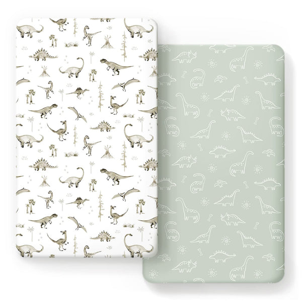 GRSSDER Stretch Ultra Soft Jersey Knit Fitted Crib Sheets Set 2 Pack, Fit All Standard Crib Mattress Pads, Dinosaur