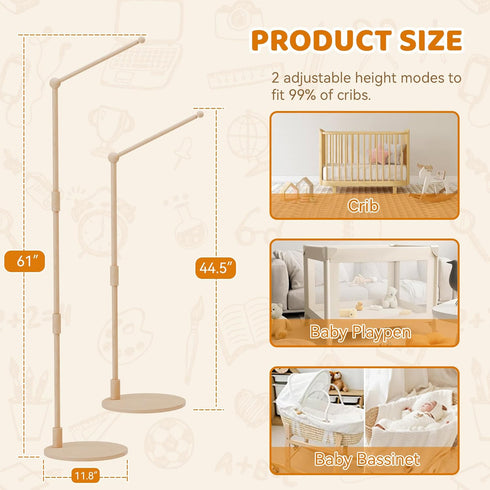 Coziloom Arm,44.5-61 Inches Floor-Standing Crib Mobile Adjustable Height Natural Beech Wood, Baby Mobile Holder Hanger