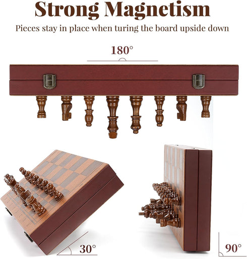 Set 15.4" Strong Magnetic Chess for Adults & Kids, Leather Chess Board & Handcrafted Wooden Chess Pieces with Storage