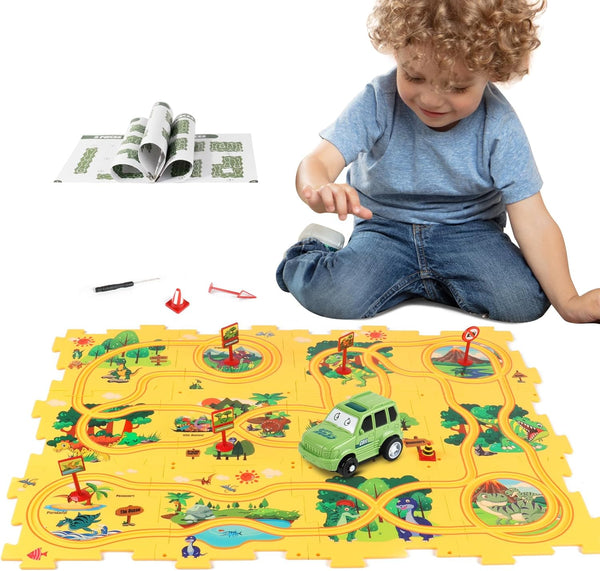 Plastic Floor Puzzles for Kids Ages 3-5, Puzzle Track Car Play Set,