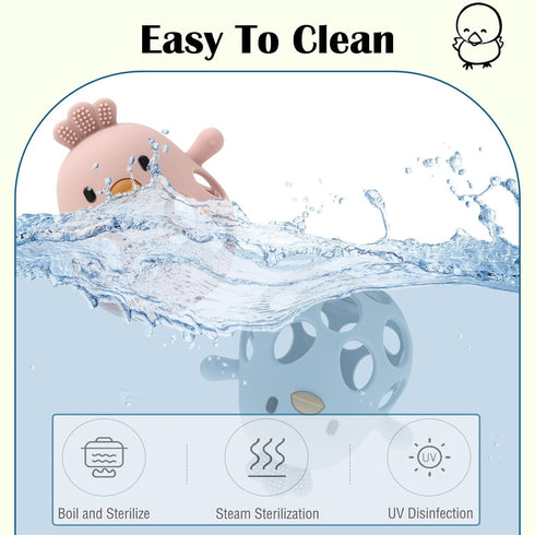 Baby Teething Toy, Hollow Chicken Silicone Teething Toys, Soft Chew Toys for Sucking Needs (Blue+Pink)
