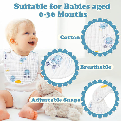 Zainpe 6Pcs Snap Muslin Cotton Baby Bibs, Adjustable Machine Washable, Unisex Burp Cloths for Boys Girls