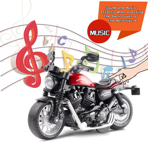 Die Cast Toy Motorcycle, Pull Back Motorcycle with Sounds and Lights, 1:14 Friction Powered Kids Toy Cars, Red Gift