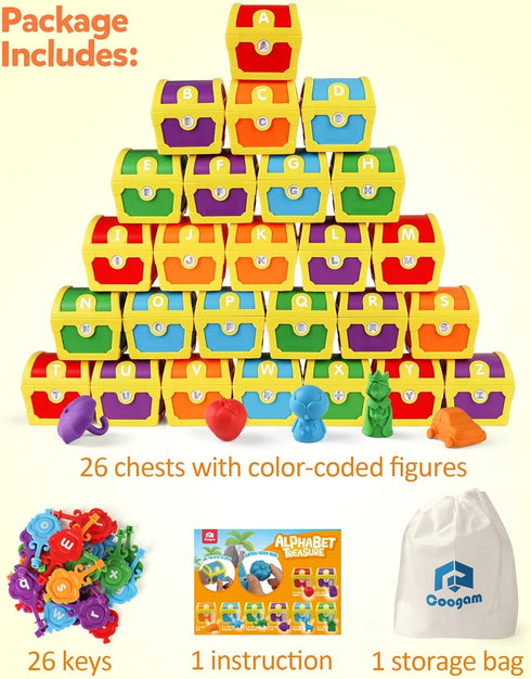 26pcs 3 4 5 Coogam Alphabet Learning Toys for Toddlers, Surprise Letters Treasure Locks with Keys, Uppercase Lowercase