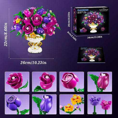 Set 905 18 12+ PLAXSOON Purple Rose Flower Building with Vase, PCS Mothers Day Botanicals Flowers Bouquet Building