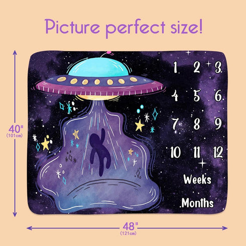 Baby Monthly Milestone Blanket Fun Alien Spaceship Turquoise UFO Flying Saucer Age Blanket, Newborns 1 to 12 Months Unisex Include 4 Frames and 1 Headband 48"x40" BTLSPH729 by PHMOJEN