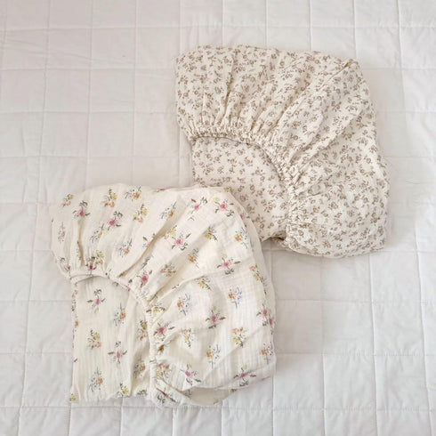 BuLuTu Muslin Floral Print Crib Sheets 2 Pack, Soft Breathable 100% Cotton