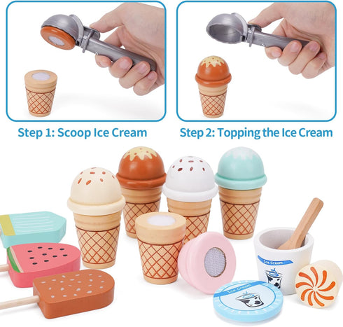 Wooden Ice Cream Counter Playset for Kids - Kitchen Pretend Play Gifts for Ages 3-6