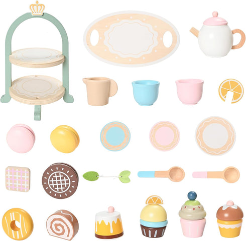 23pcs Set Set Set Playset Wooden Tea for Little Girls, Toddler Tea Wooden Toys Play Kitchen Accessories with Cupcake