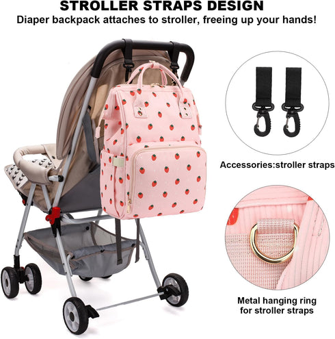 Yusudan Backpack Corduroy Diaper Bag for Baby Girls Boys, Women Large Nappy Bags for Mom (Pink Corduroy Strawberry)