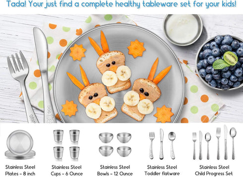 12 Piece Kids Utensils Silverware Set, E-far Stainless Steel Hammered Toddler Cutlery, Dishwasher Safe