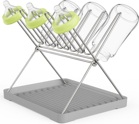 Countertop, Bottle Drying Rack, Stainless Steel Foldable Water Bottle Drying Rack Organizer with Drain Tray for Baby