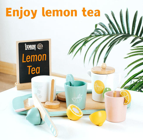 MIKNEKE Set Set Sets Wooden Tea Party for Little Girls Toys, Pretend Play Kids Tea for Toddlers Wood Toys, Wooden Play