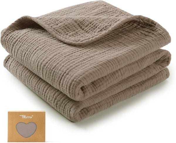 TILLYOU Muslin Swaddle Blanket Soft Baby Blanket for Girls Boys, 4-Layer Cotton