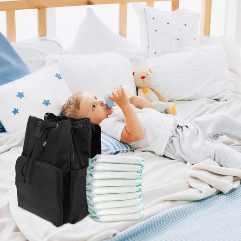 HAMPPLIES Backpack Diaper Bag for Moms with Drawstring Closure, Black Diaper Bag with Wet and Dry Separation, Large