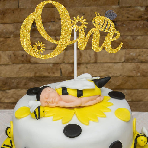 Tatuo Happy 1st Bee Day Party Decorations, Gold Glitter Banner and Cake Topper for First Birthday Supplies