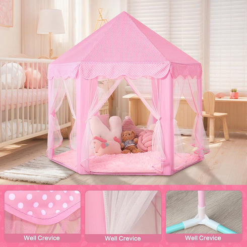 Princess Tent for Girls Indoor with Rug and Star Lights, Pink Play Tent for Kids, Castle Playhouse