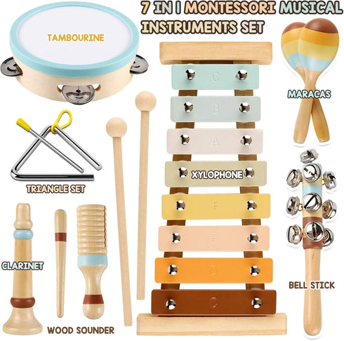LOOIKOOS Musical Instruments for Toddlers 1-3, Neutral Color Kids Montessori Wooden Percussion Instruments Set