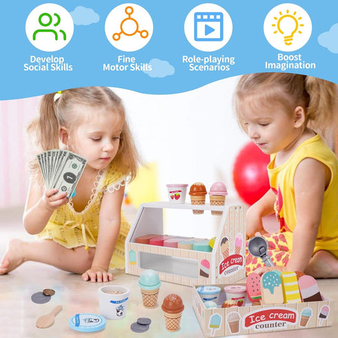 Wooden Ice Cream Counter Playset for Kids - Kitchen Pretend Play Gifts for Ages 3-6