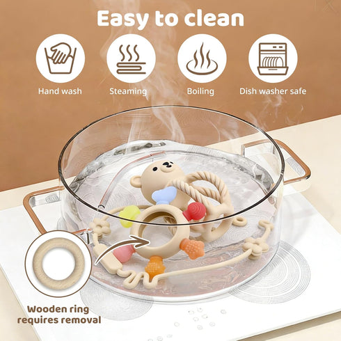 3Pcs Set 3-12 Baby Silicone Teether Toy - Food-Grade Silicone Teething Relief Toys,Wooden Ring Teether Cute Bear Toy