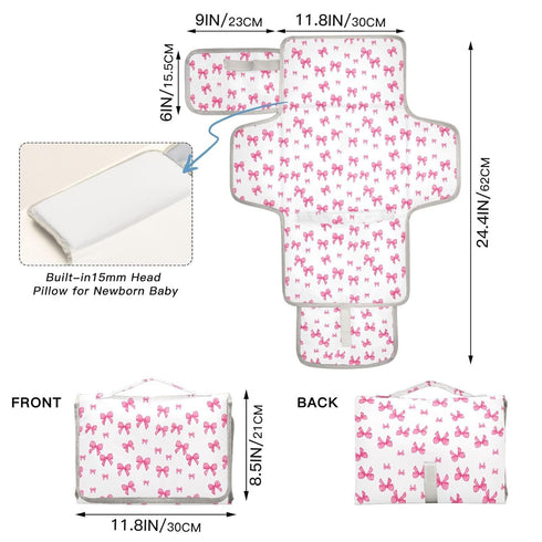 SDMKA Pink Bows Portable Diaper Changing Pad - Waterproof Travel Mat with Head Cushion, Diaper & Wipes Pockets