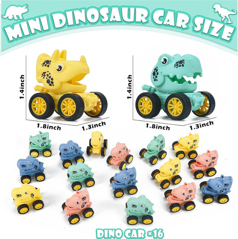 16Pcs Dinosaur Pull Back Cars Set for Kids, Mini Dinosaur Party Favors, Goodie Bag Stuffers, Classroom Prizes