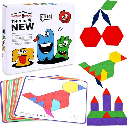 LovesTown 150PCS Wooden Pattern Blocks, Geometric Shapes Tangram Puzzles for Kids with Educational Cards