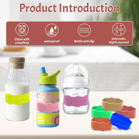 Fxinxi Personalized Baby Bottle Bands - Custom Reusable Silicone Water Bottle Labels,Engraved Name for Daycare.