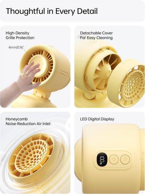 2026 38H JISULIFE Stroller Fan Small & Stylish with Cooling, Soft Night Light, OneClick Detachable for Stroller