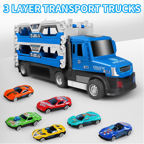 DOWELLIN 6 1 6Pcs 3 4 5 6 7 8-Blue in Transport Truck Toys for Kids, Police Trucks Carrier Cars with Metal Race Car