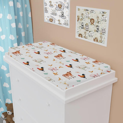 Watercolor Farm Animals Changing Pad Cover, Cow Lamb Chicken Pig Hen Duck Sunflowers Leaves for Boys Girls Diaper Change
