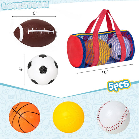LovesTown 5PCS Sports Balls with Pump, 4" Inflatable Playground Balls with Duffle Bag for Toddlers Kids