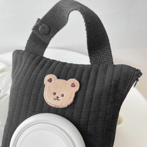 Floral Quilted Wipe Holder - Portable Baby Wipe Pouch for Travel (Black, Bear)