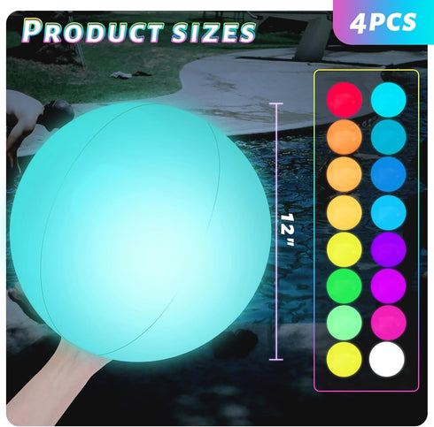3 Otters 4PCS Light Up Beach Balls, 12" Glow Pool Balls with Remote Control for Kids Summer Parties