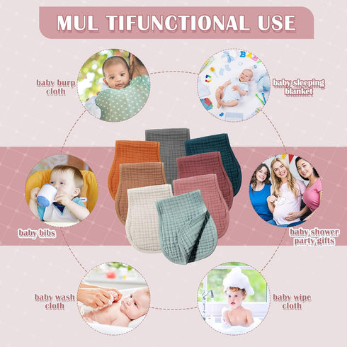 Frienda 8 Pieces Muslin Burp Cloths - 10 x 20 Inches Cotton Washcloths for Newborn Face Towels (Bright Color)