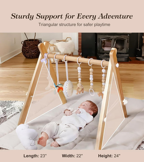FUNNY SUPPLY 6 Wooden Play Gym with Beige Mat, Foldable Baby Play Gym, Infant Activity Mat with Hanging Toys, Natural